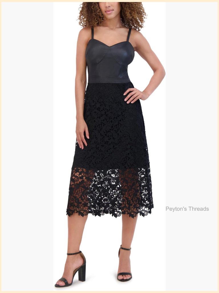 Sleeveless Sweetheart Neck Faux Leather Floral Lace Midi Dress